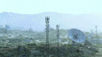 Satellite dishes on a green hillside, capturing signals from space video