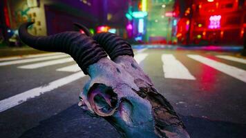 A close up of a horned animal's head on a city street video