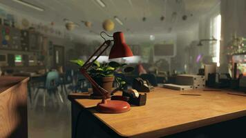 un escritorio con un lámpara y un en conserva planta en eso video