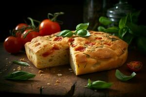 Focaccia with tomatoes and basil ingredients. Generate ai photo