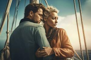 Young couple hugging on sea sailboat journey. Generate ai photo