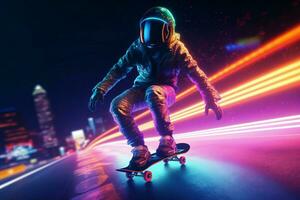 Skateboarder wearing spacesuit riding on urban street. Generate ai photo