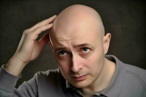Man sad face bald head look in mirror. Generate Ai photo