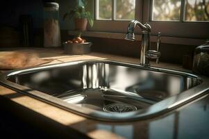 Stainless shiny kitchen sink. Generate ai photo