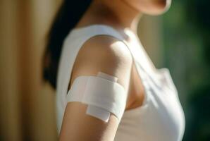 Woman adhesive bandage arm in sun lights. Generate Ai photo