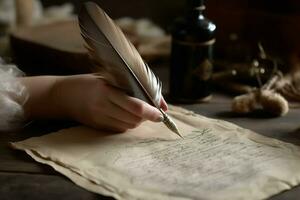 mujer utilizando pluma bolígrafo escribir tinta punta. generar ai foto