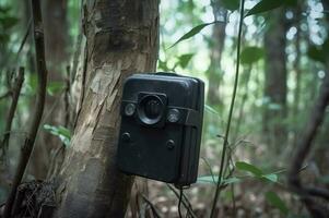 Camera trap in forest. Generate ai photo