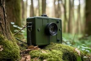 cámara trampa herramienta en salvaje bosque. generar ai foto