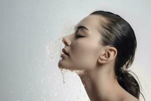 Female face freshness water splashes. Generate ai photo