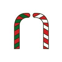 Set of two candy cane cartoon illustrations in red, green, and white. Christmas decorative element isolated background. Design is a simple flat vector clip art.