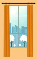 Winter window with a view of the city buildings, snow time Curtains with railing. Vector illustration flat element