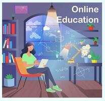 Girl with a Laptop Sitting on Chair near the Window, Online Education in Geometry, Mathematics. Interior at Night, Light from the window. PC Lamp Books and Flowers in room. Blue cute design vector