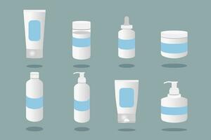 Set vector plastic containers. Bottles with spray, dispenser and dropper, cream jar, tube. Mock-up of cosmetic package.