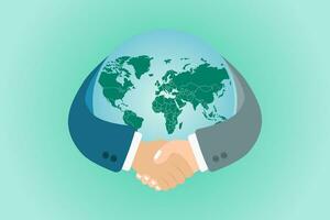 Handshake symbol with globe world map background. International partnership business concept. Vector illustration.