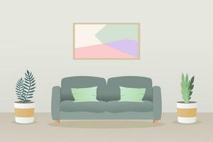 Interior design of a living room with sofa, painting, and plant. Home interior. Vector illustration.