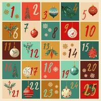 Vector Christmas 25 window advent calendar with tree ornaments and snowflakes.