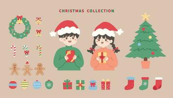 Navidad colección con niño, niña, árbol, regalo, pan de jengibre hombre,dulces,decoración vector