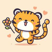 cute happy tiger with flower cartoon illustration vector