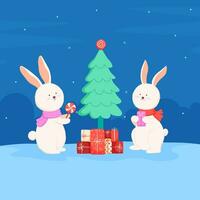 Christmas card with rabbits, Merry Christmas and New Year vector