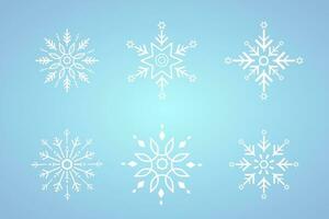 Six object, symbol white snowflakes for winter, spring and Christmas elements on isolated blue background, white geometric minimalist snowflake elements and icons concept design vector