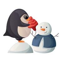 linda alegre Navidad pingüino decora un monigote de nieve con un sombrero. contento pingüinos mascota celebrando nuevo año. pájaro personaje para Navidad saludo regalo etiqueta, tarjeta, tarjeta postal. invierno es próximo, calentar deseos vector