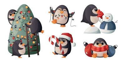 Set of cute merry christmas penguin in different poses. Happy penguins mascot celebrating New Year, decorate xmas tree, garland, candy. Bird character for xmas greeting. Winter is coming, warm wishes vector