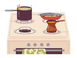 Frying pan and pot on the kitchen stove. Pasta and coffee are cooked on the stove. Home cooking. Cartoon flat vector illustration.