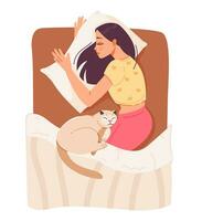 sueño de mujer. una mujer joven está durmiendo en la cama con un gato. relajarse en el dormitorio. ilustración vectorial plana. vector