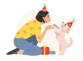 mascota cumpleaños fiesta. contento mujer en festivo gorra y regalos celebrar el cumpleaños de su perro. plano vector ilustración