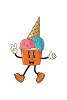 Cute funny groovy ice cream character in retro style, shows class with his hand, and smiles. For cafe logo, advertisement, decoration, postcard. Vector. vector