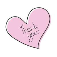 Thank you handwritten vector illustration with pink heart shape on white background, isolated, vector. For cards, t-shirts, invitations, and parties.