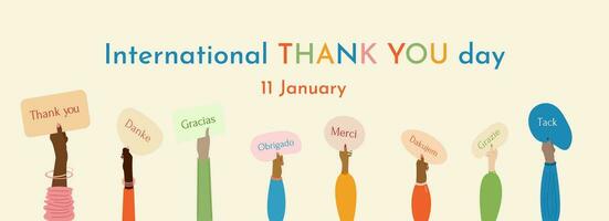 The hands of a group of people of different races hold Thank you messages. International Thank You Day is January 11. Banner, postcard, advertisement. Vector. vector