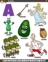 Letter A set with cartoon objects and characters vector