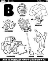 Letter B set with cartoon objects and characters coloring page vector