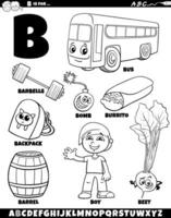 Letter B set with cartoon objects and characters coloring page vector