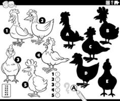 shadows game with cartoon chicken characters coloring page vector