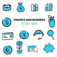 A collection of hand-drawn icons with a business and financial theme, in a flat design style vector