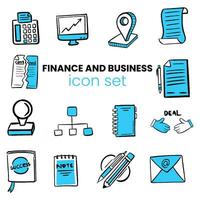 A collection of hand-drawn icons with a business and financial theme, in a flat design style vector