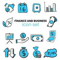 A collection of hand-drawn icons with a business and financial theme, in a flat design style vector