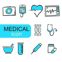 Hand drawn medical icon lines with blue color and white background, in flat design style vector