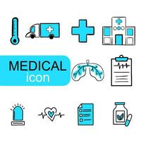 Hand drawn medical icon lines with blue color and white background, in flat design style vector