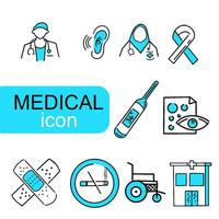 Hand drawn medical icon lines with blue color and white background, in flat design style vector