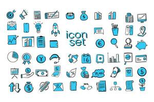 A collection of hand-drawn icons with a business and financial theme, in a flat design style vector