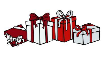regalos y regalos para fiesta y Navidad celebracion. aislado cumpleaños o aniversario caja con envase papel y cinta arco. vector en plano garabatear estilo. conjunto de diferente cajas