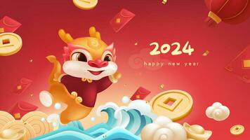 Spring Festival background design a lovely dragon and flying red envelopes vector