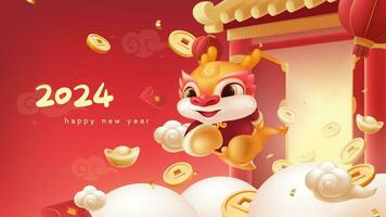 Spring Festival background design cute dragon rushes out of the door vector