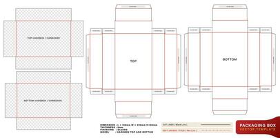 morir cortar caja parte superior y fondo modelos difícil caja modelo con el dimensión medición y grosor para embalaje marca, producto compartimiento único diseño, minimalista conceptual poseedor, paquete o empaquetar papelería vector