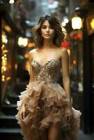 atractivo retrato de elegante y hermosa mujer en Moda vestidos. ai generado foto