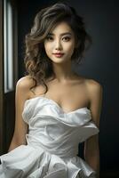 retrato de un asiático mujer en un de moda vestir sorprendentes un pose. ai generado foto