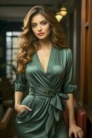 A Beautiful Woman in a Stylish Wrap Dress. Ai Generated photo